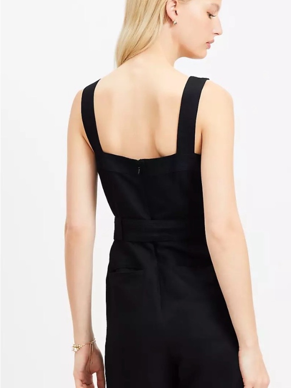 LOFT Black Square-Neck Belted Linen Blend Short Romper with Tortoiseshell Buckle - Picture 2 of 8